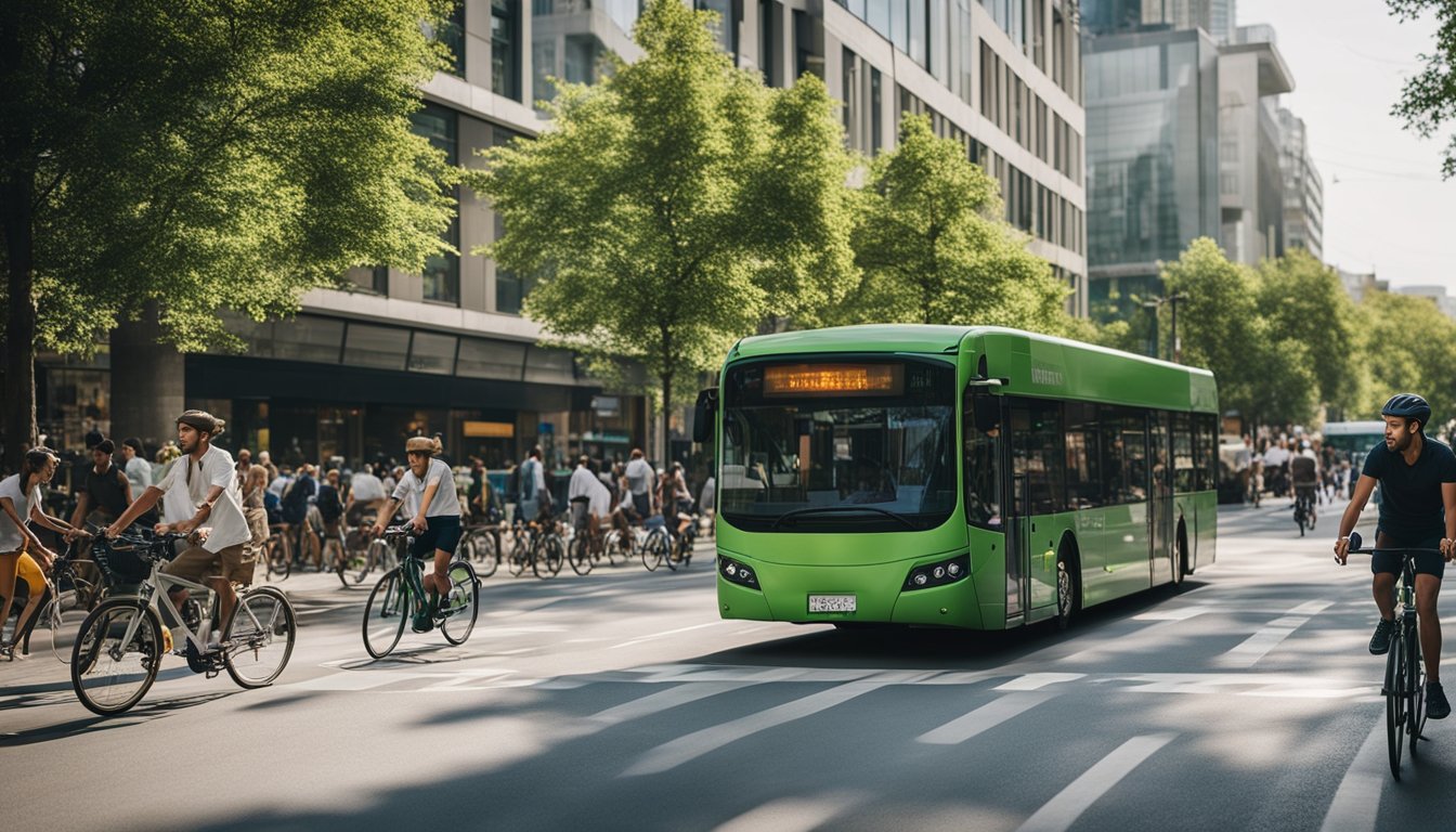 A bustling city street with cyclists, pedestrians, and electric buses, all surrounded by greenery and clean air