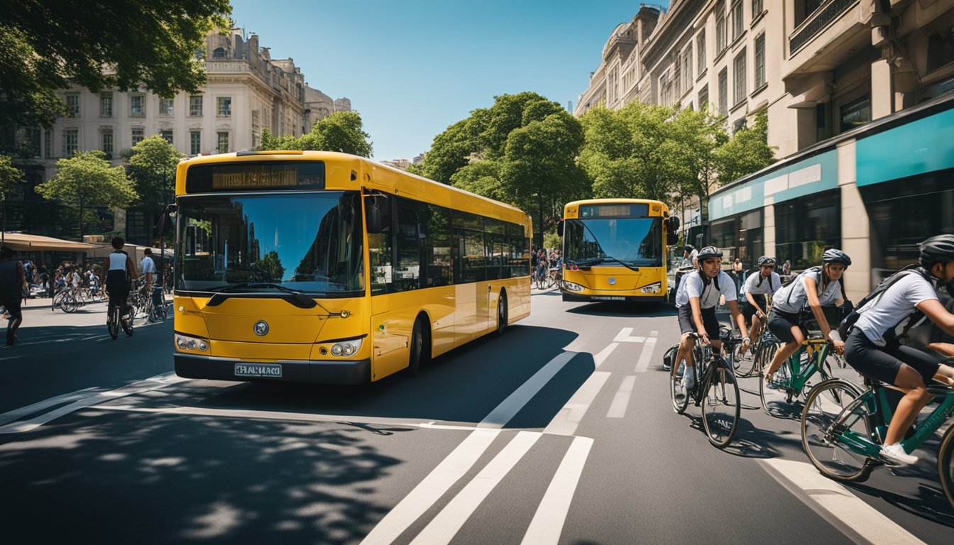 A bustling city street with a mix of cyclists, pedestrians, and electric buses, surrounded by greenery and clear blue skies