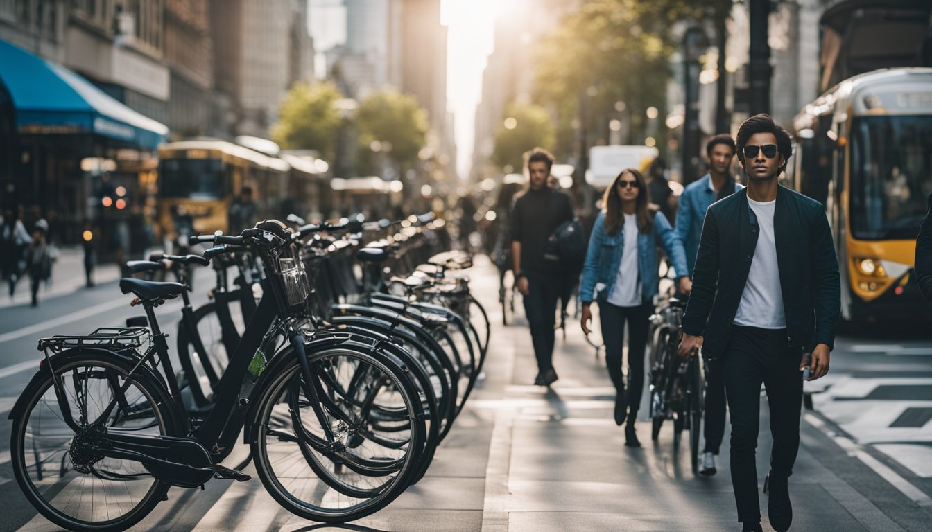 A bustling city street with various sustainable commute options such as bicycles, electric scooters, and public transportation