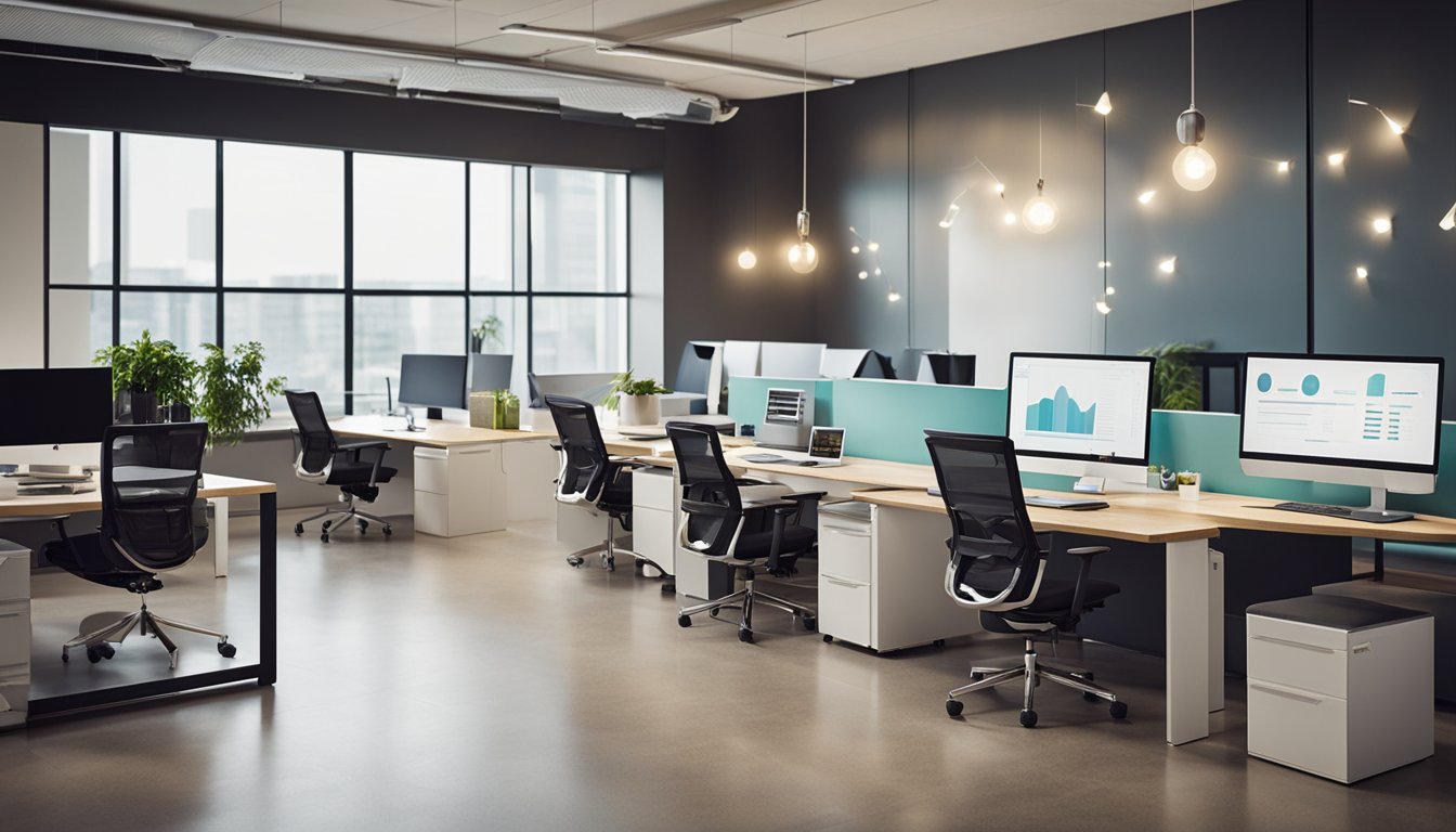 An office space with modern, eco-friendly furniture, featuring ergonomic chairs, recycled material desks, and energy-efficient lighting