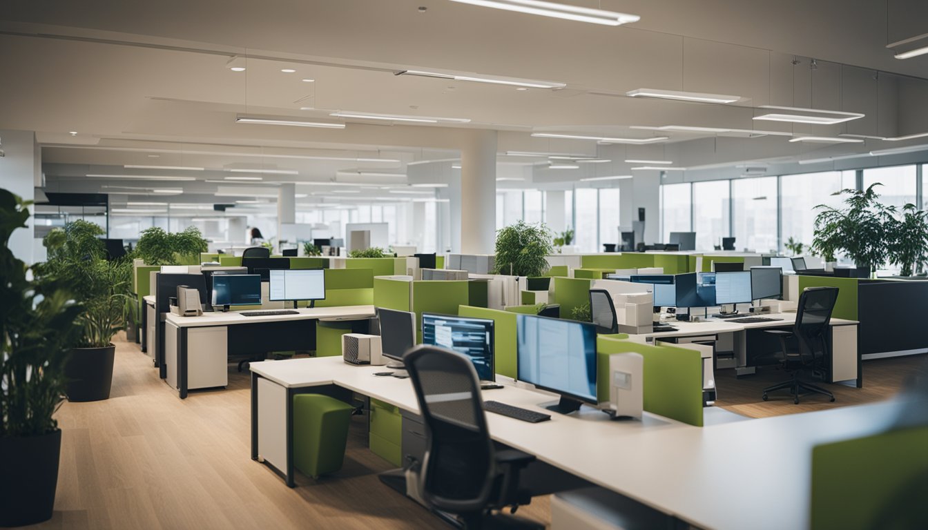 A bustling office with workers browsing eco-friendly furniture options online