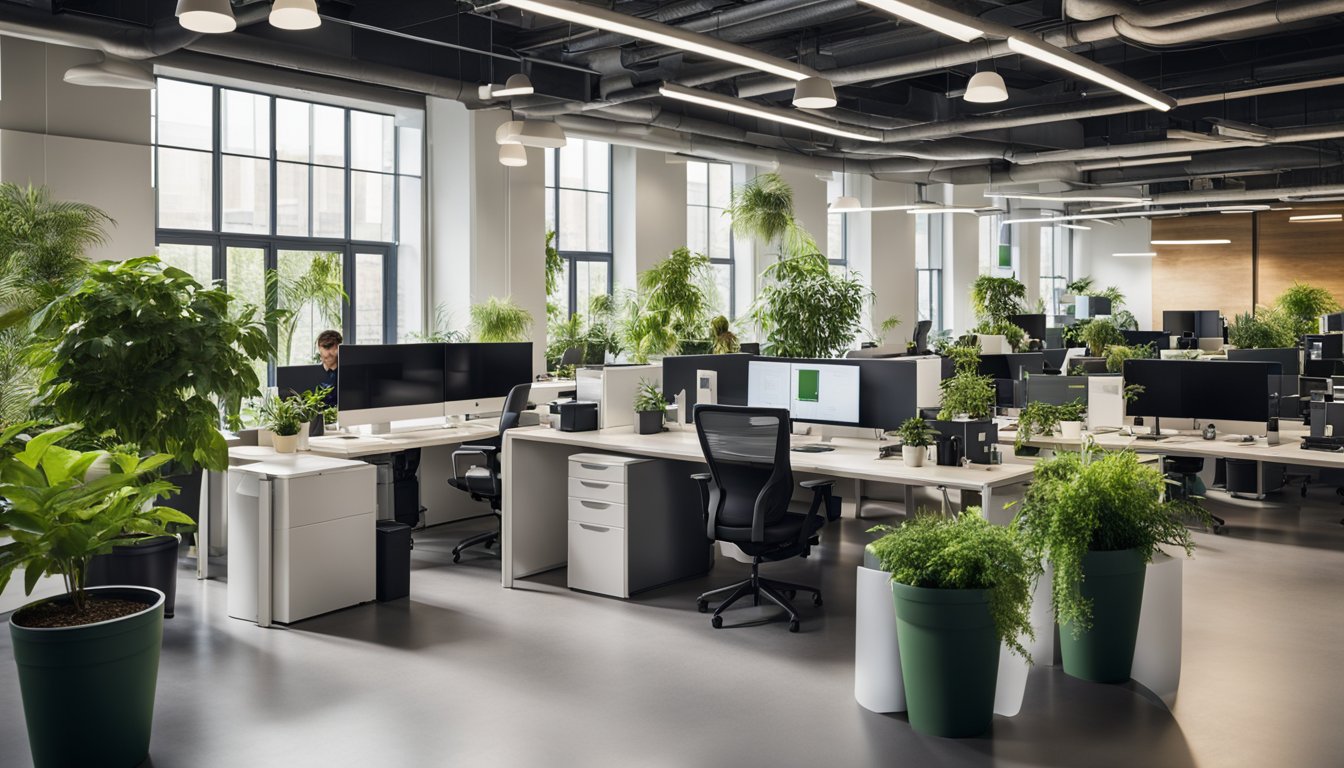 A bustling UK office with recycling bins, energy-efficient lighting, and green plants scattered throughout the workspace. Employees collaborate in a bright, open environment with sustainable practices at the forefront