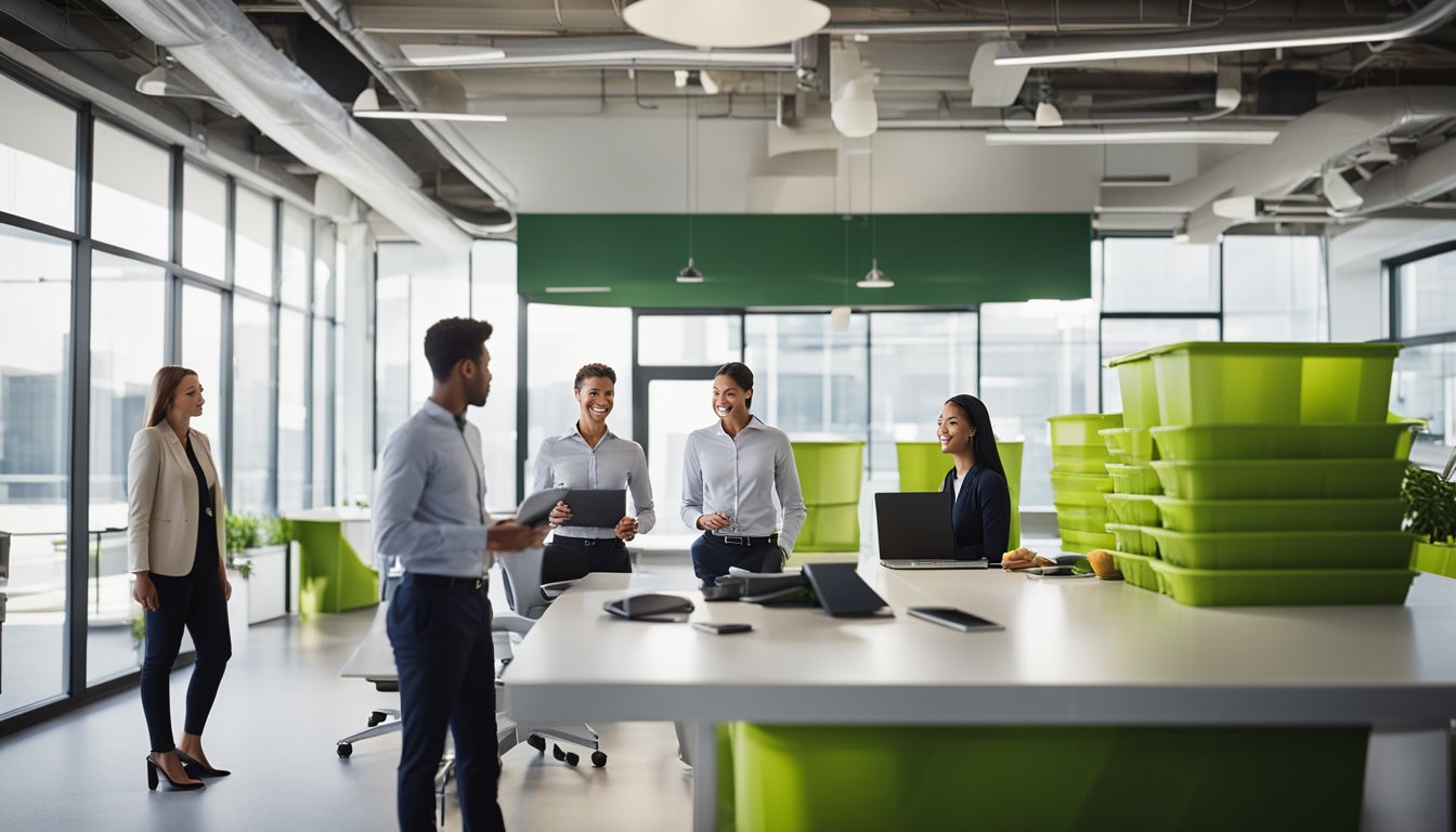 An office setting with employees discussing and implementing sustainable practices. Recycling bins, energy-efficient lighting, and paperless initiatives are visible