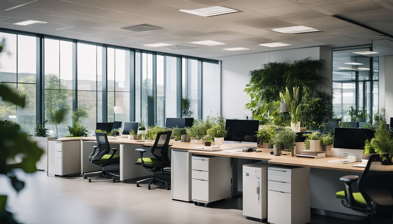 A modern UK office with energy-efficient appliances and systems, surrounded by green plants and natural light