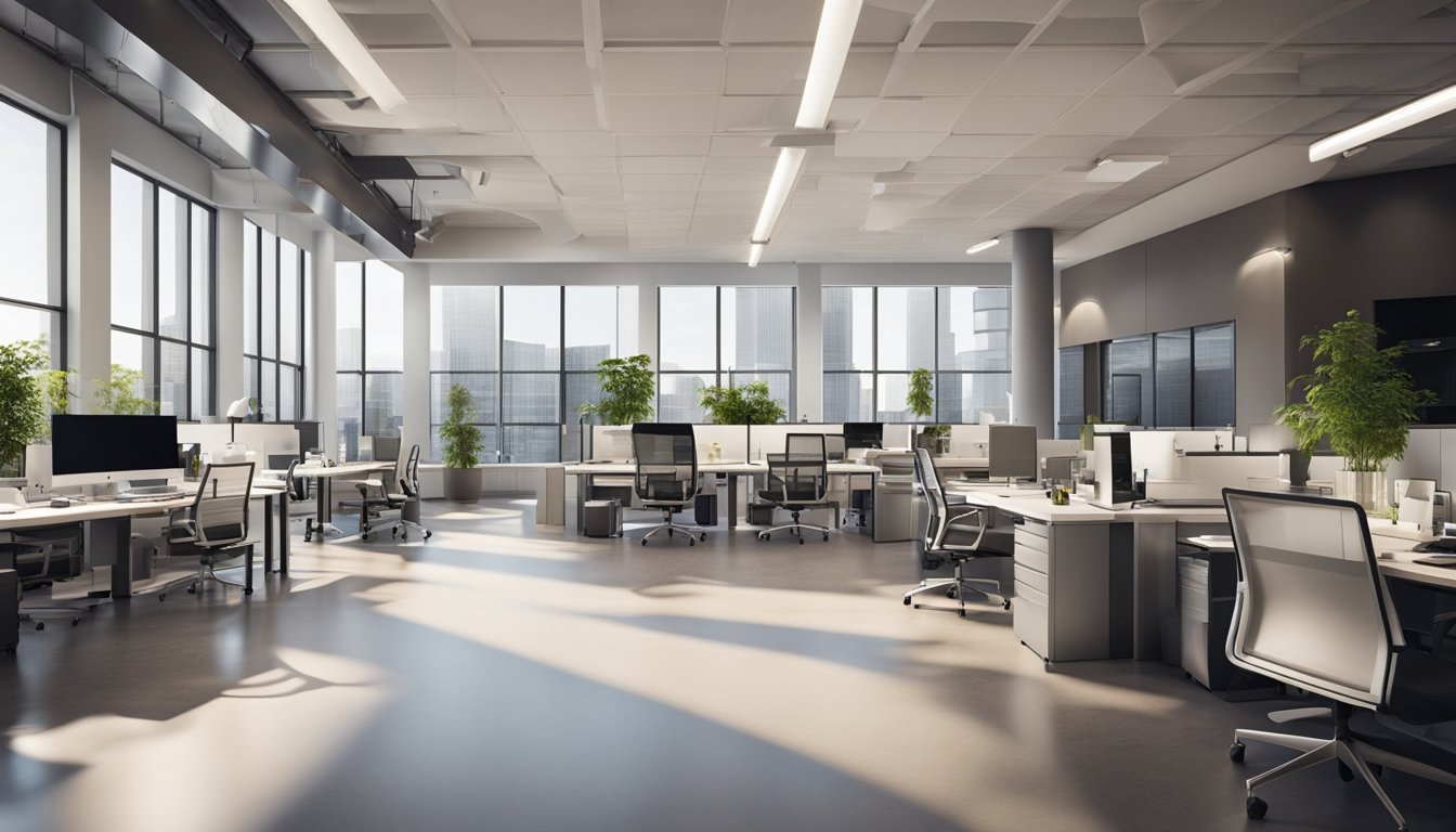 An open office space with modern energy-efficient features and appliances. Natural light floods the room through large windows, and motion-sensor lighting adjusts to the level of activity