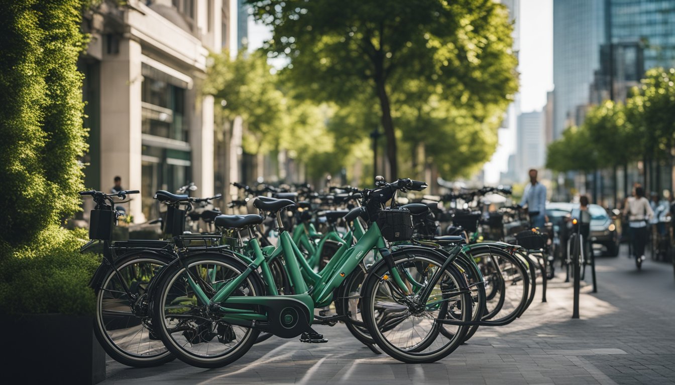 A bustling city street with a mix of bicycles, electric vehicles, and public transportation, surrounded by greenery and renewable energy infrastructure