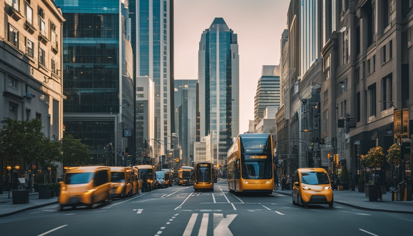 A bustling city street with various eco-friendly transportation options such as bicycles, electric scooters, and public transit. The buildings in the background indicate a business district