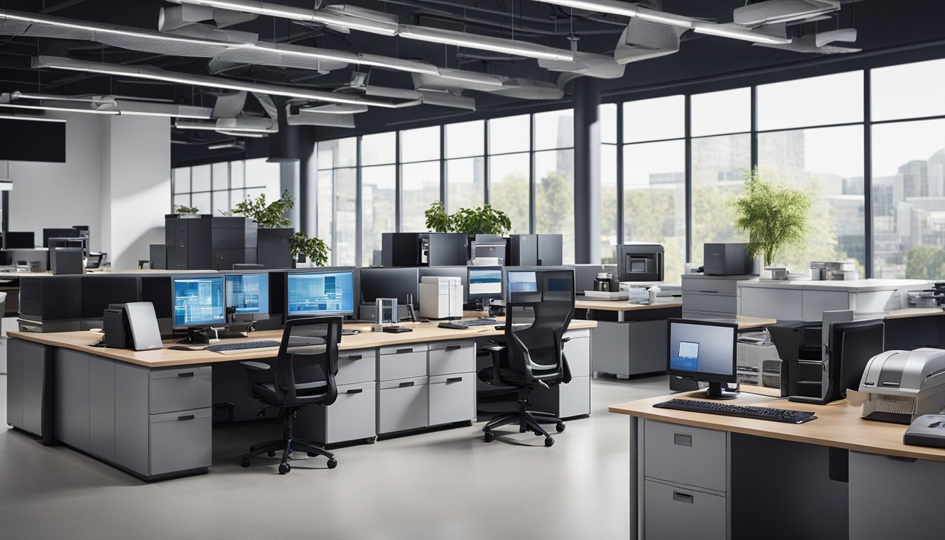 An office setting with various energy-efficient appliances such as computers, printers, and lighting. Staff members are seen using the appliances