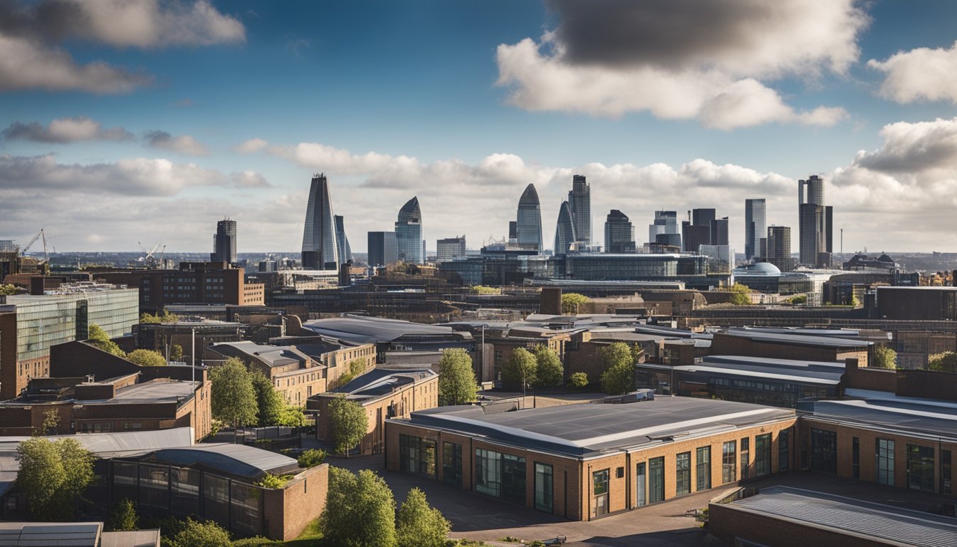 A bustling UK city skyline with factories and office buildings, surrounded by innovative recycling facilities and circular economy infrastructure