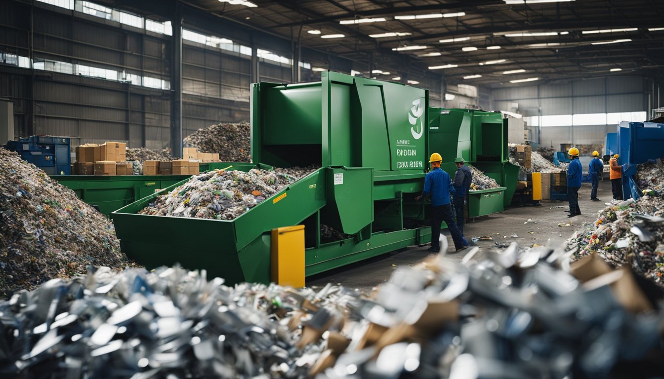 A bustling recycling facility with workers sorting and processing various materials, while innovative machinery and technology are utilized to efficiently recycle waste