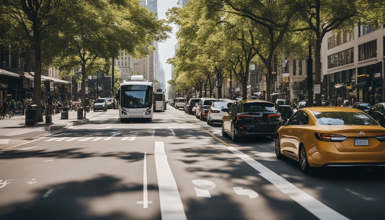 A bustling city street with designated bike lanes, electric vehicle charging stations, and public transportation stops