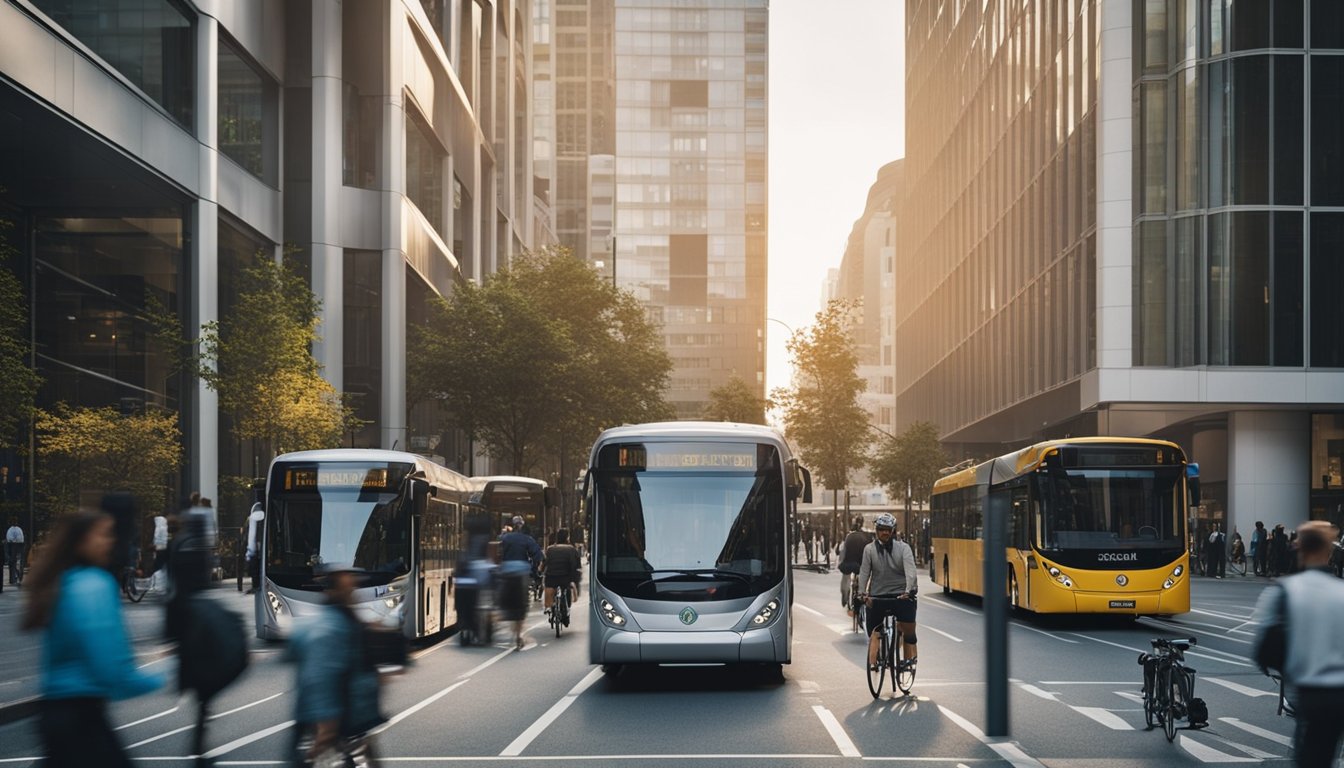 A bustling city street with cyclists, electric buses, and pedestrians. A modern office building in the background