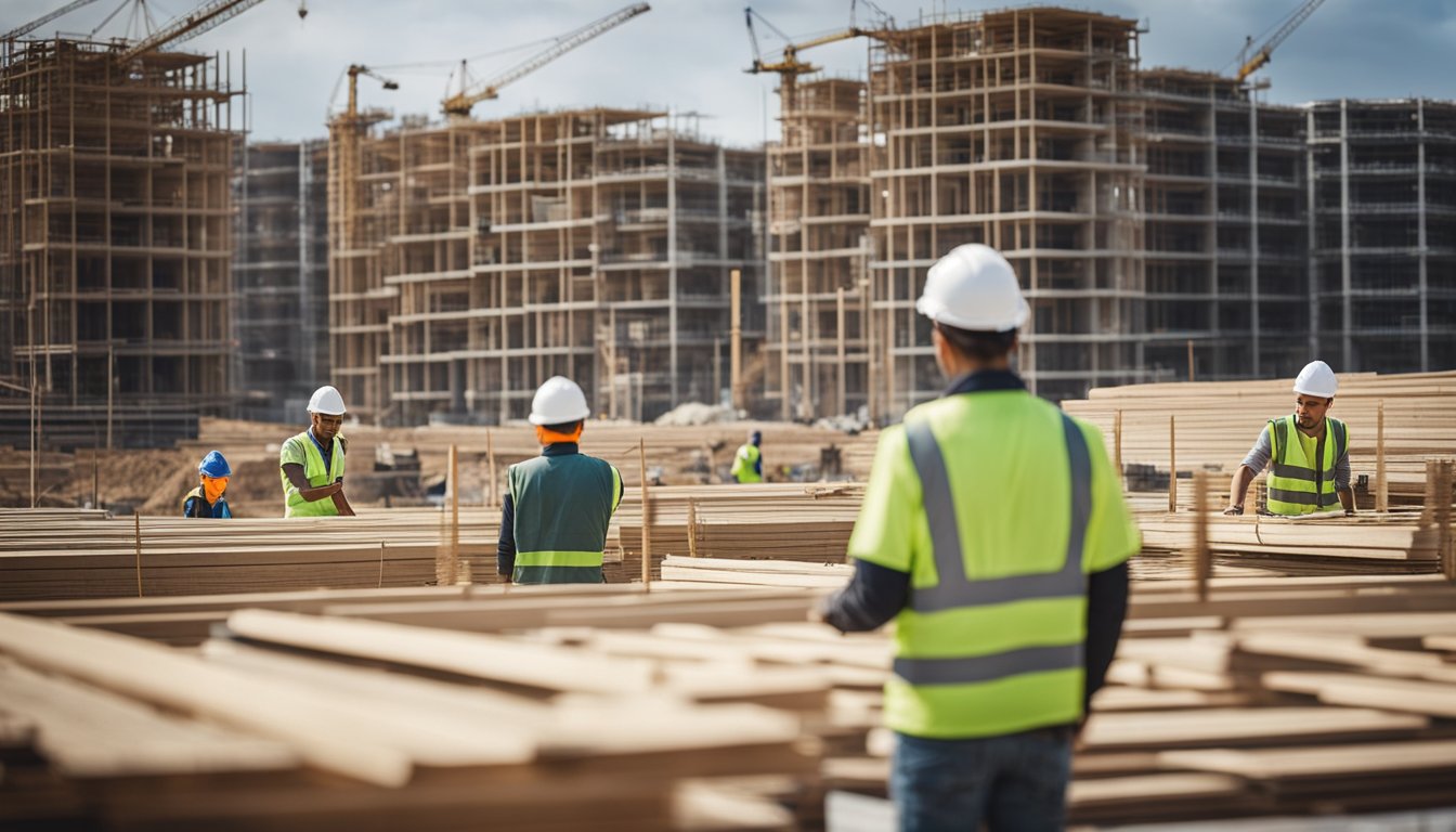 A construction site with workers using innovative green building materials, surrounded by sustainable infrastructure and renewable energy sources