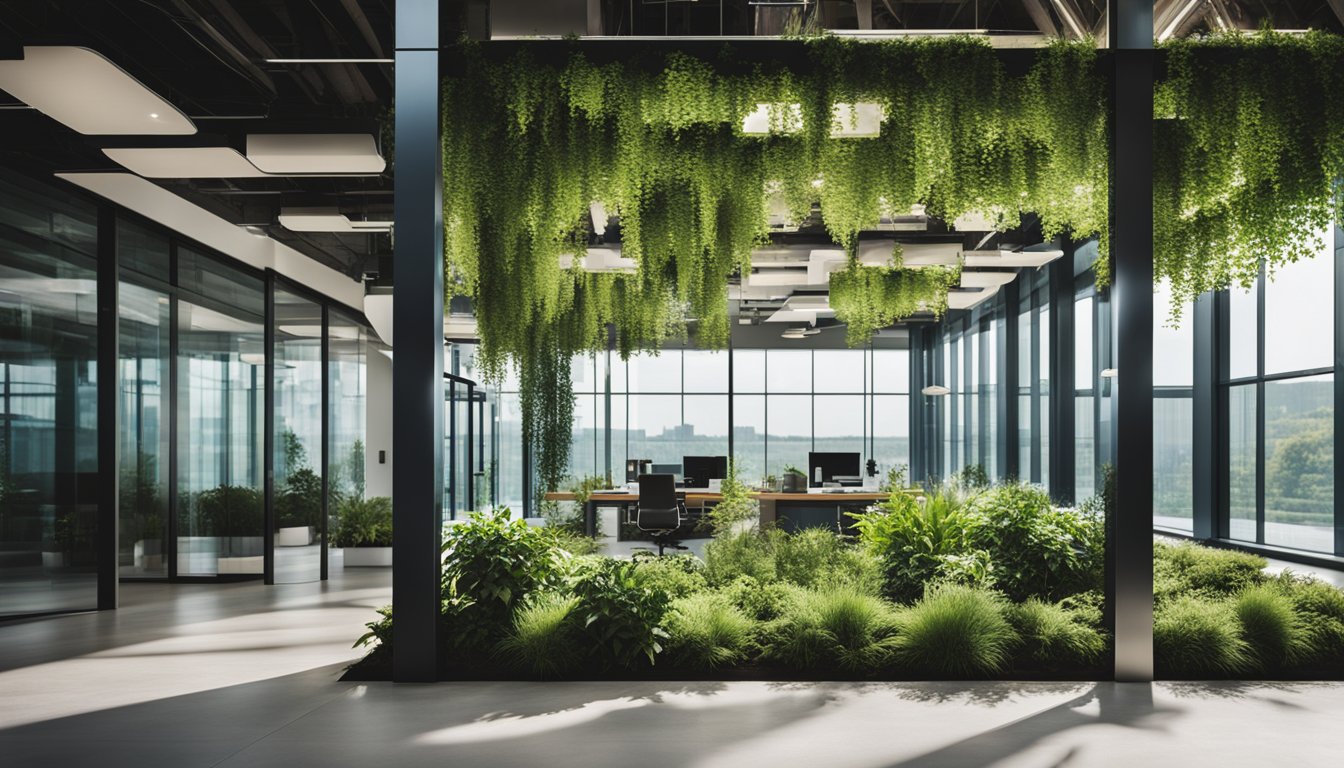 A modern office building with eco-friendly materials like recycled glass and solar panels, surrounded by lush green landscaping