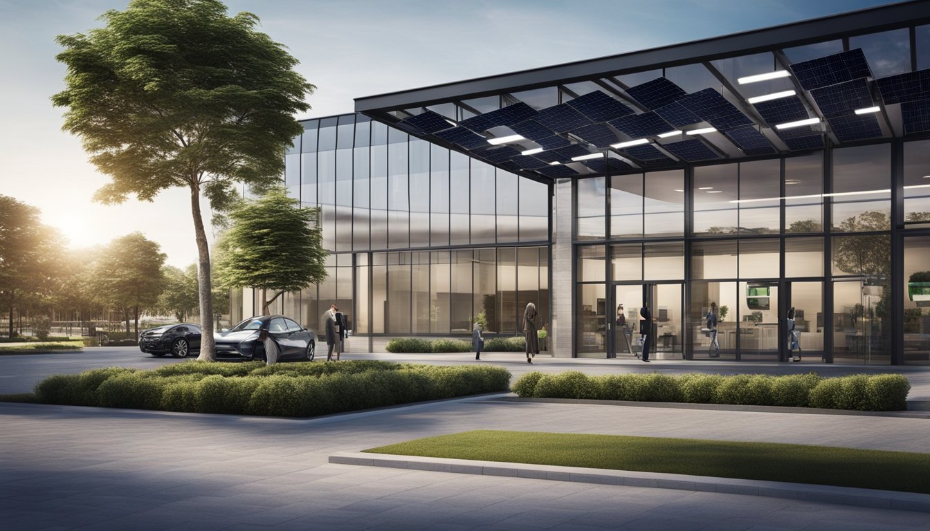 A sleek, modern office building with solar panels on the roof, electric car charging stations, and employees using reusable water bottles and coffee cups