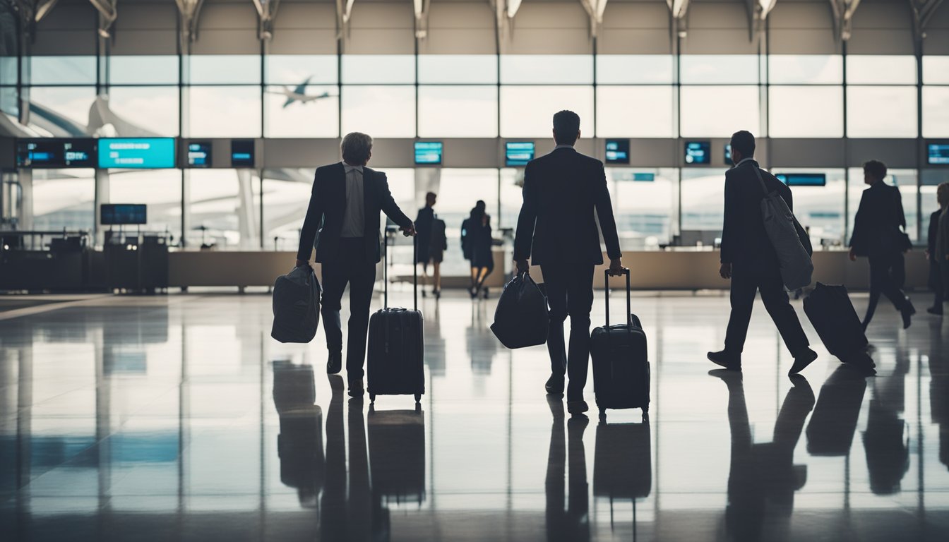 A bustling airport terminal with eco-friendly signage and business travelers carrying reusable bags and water bottles