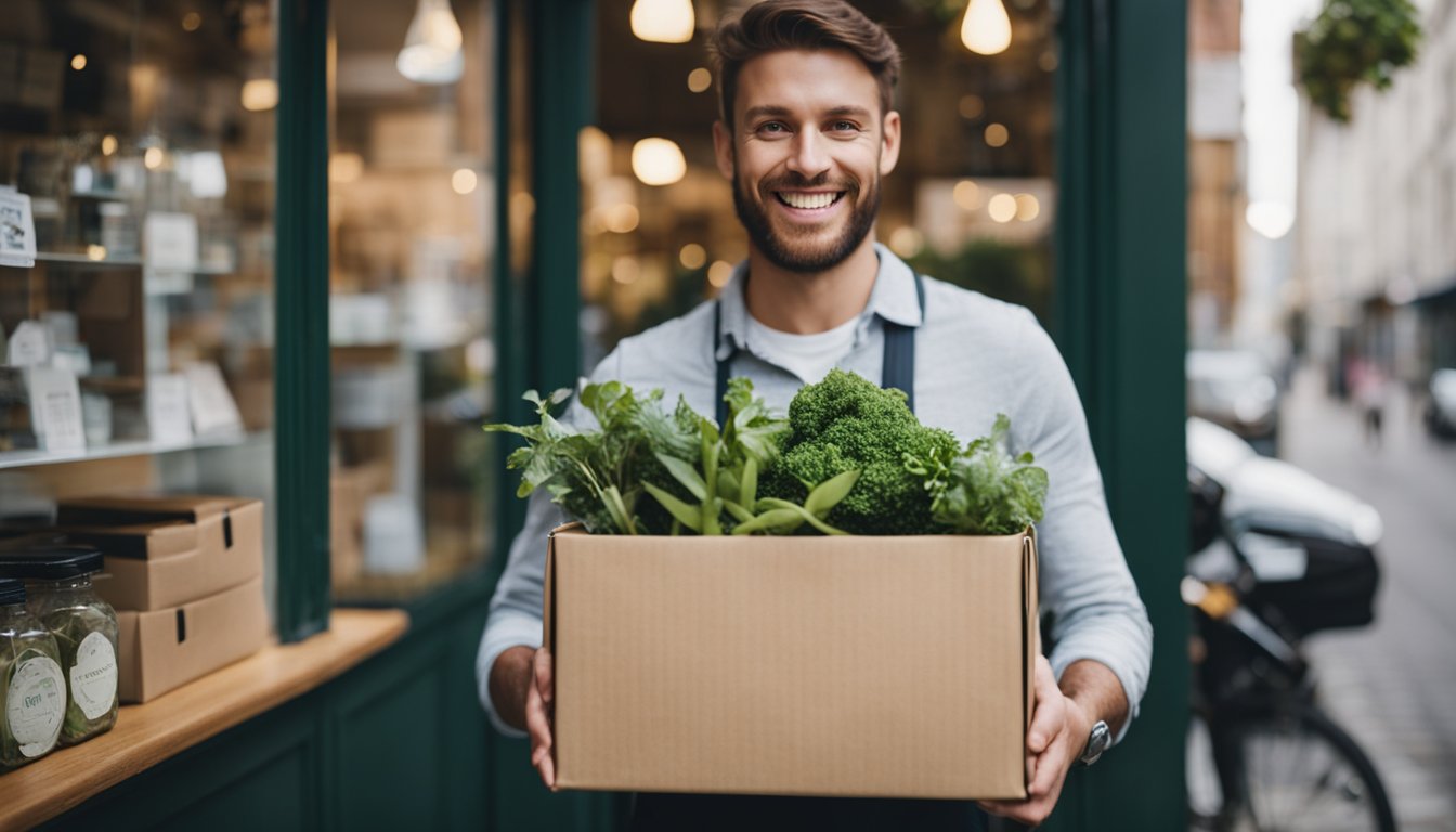 A small UK business owner receiving eco-friendly deliveries at their storefront