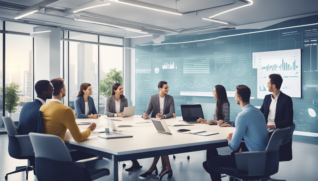 An office setting with a group of people discussing electric vehicle charging solutions, with charts and diagrams on a whiteboard