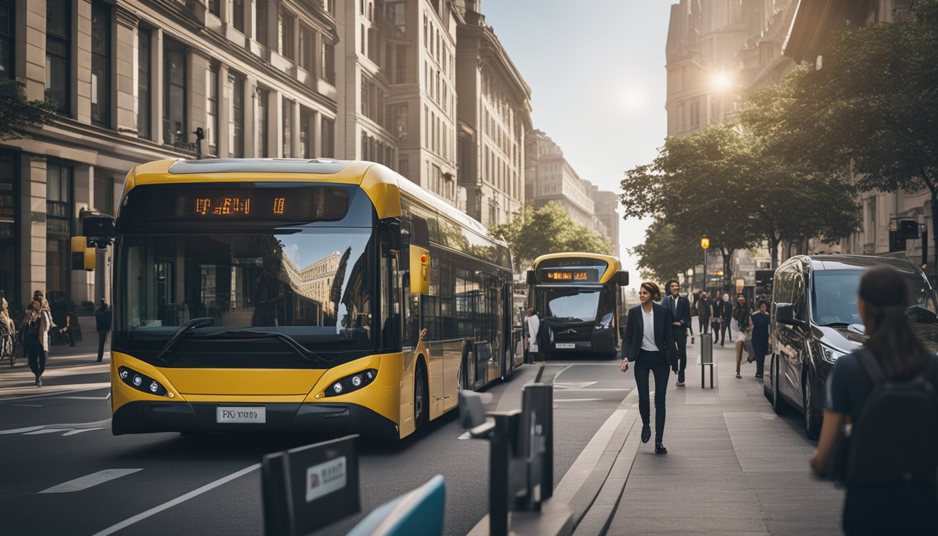 A bustling city street with electric buses, cyclists, and pedestrians. A startup office with a team brainstorming sustainable transport ideas