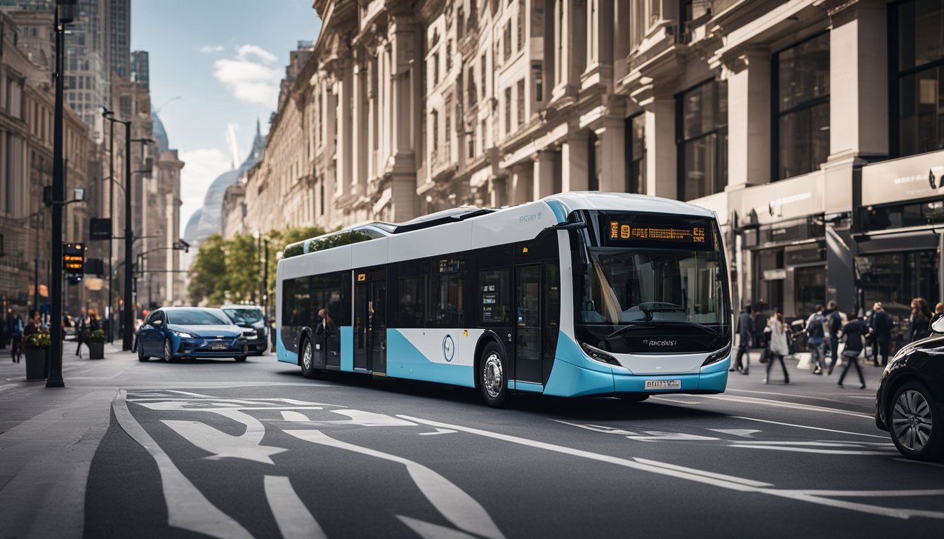 A bustling city street with electric buses, cyclists, and pedestrians. A startup logo on a sleek electric car. Wind turbines in the background