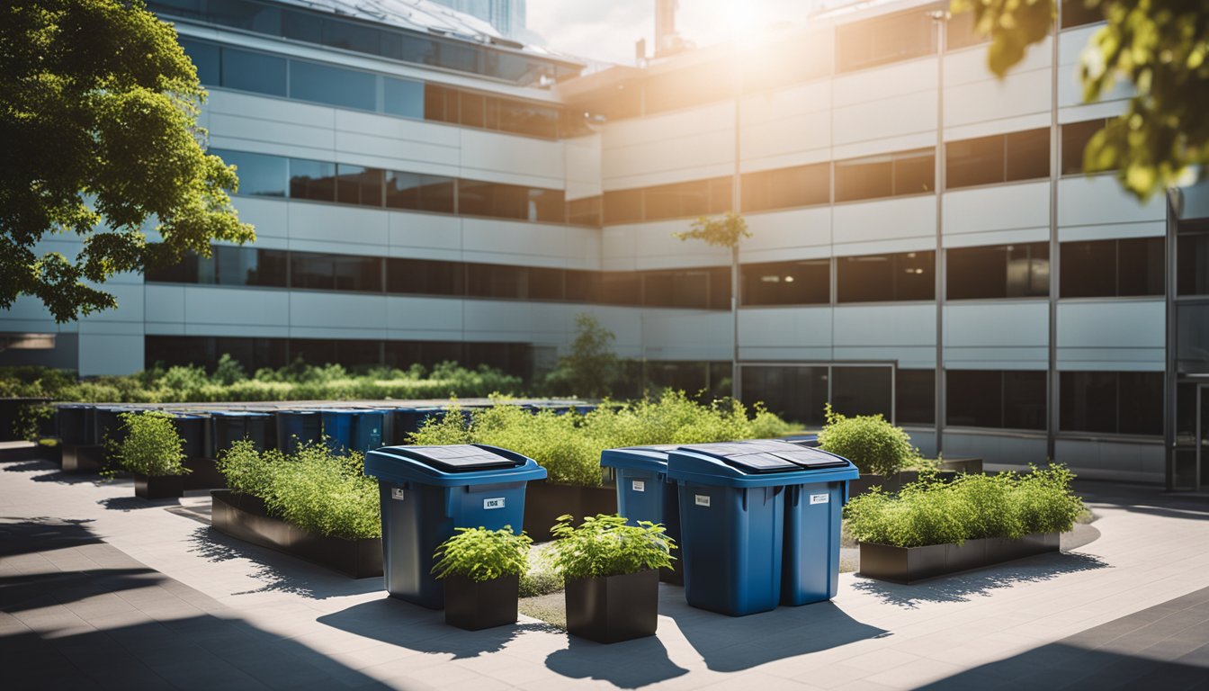 An office building with solar panels on the roof, surrounded by greenery and recycling bins