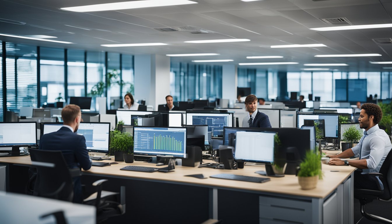 A bustling office with employees discussing and implementing green IT solutions for UK businesses. Computer screens and energy-efficient devices are visible