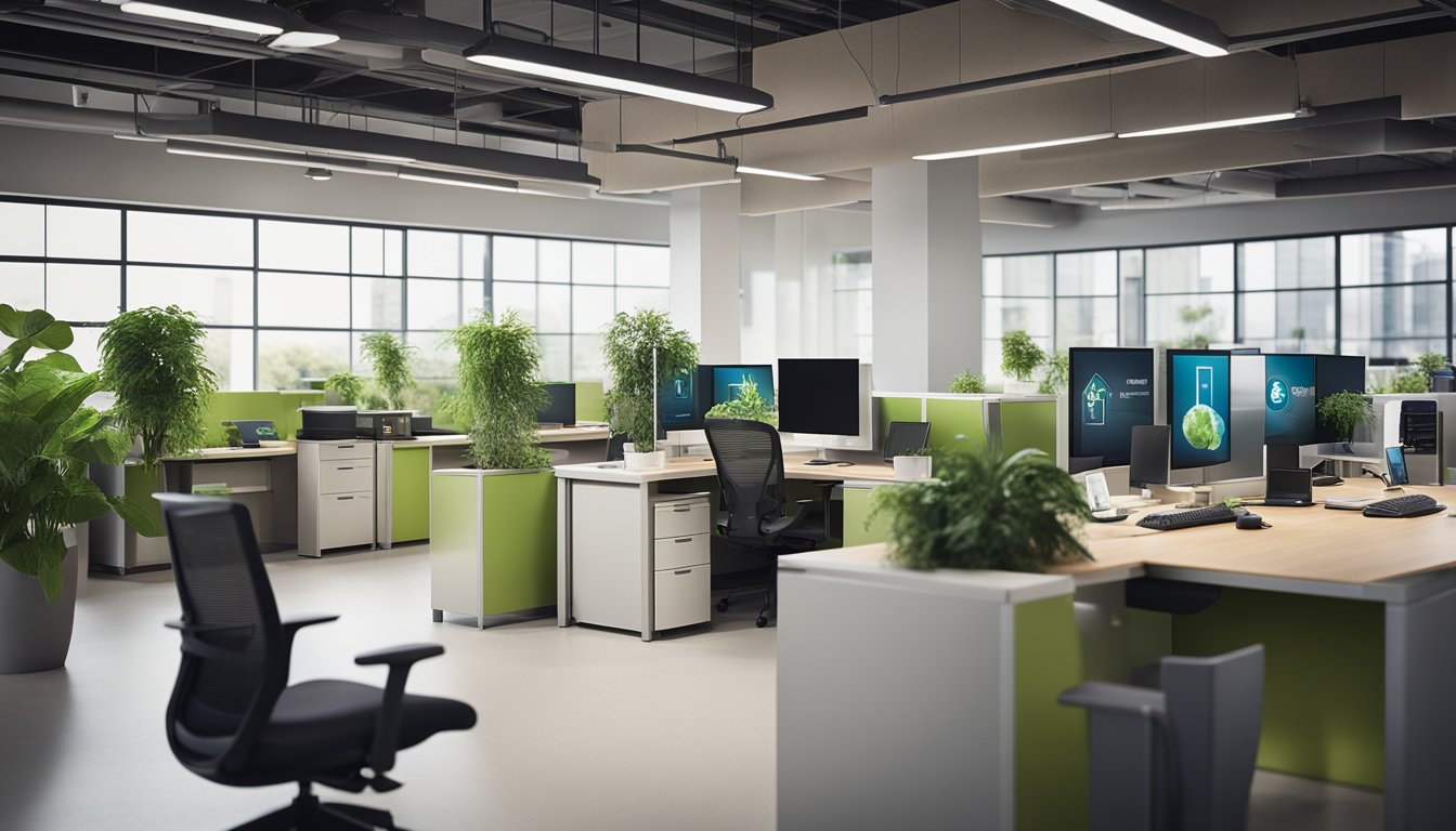 An office space with eco-friendly features like recycling bins, energy-efficient lighting, and indoor plants. A digital waste management system is visible on a computer screen