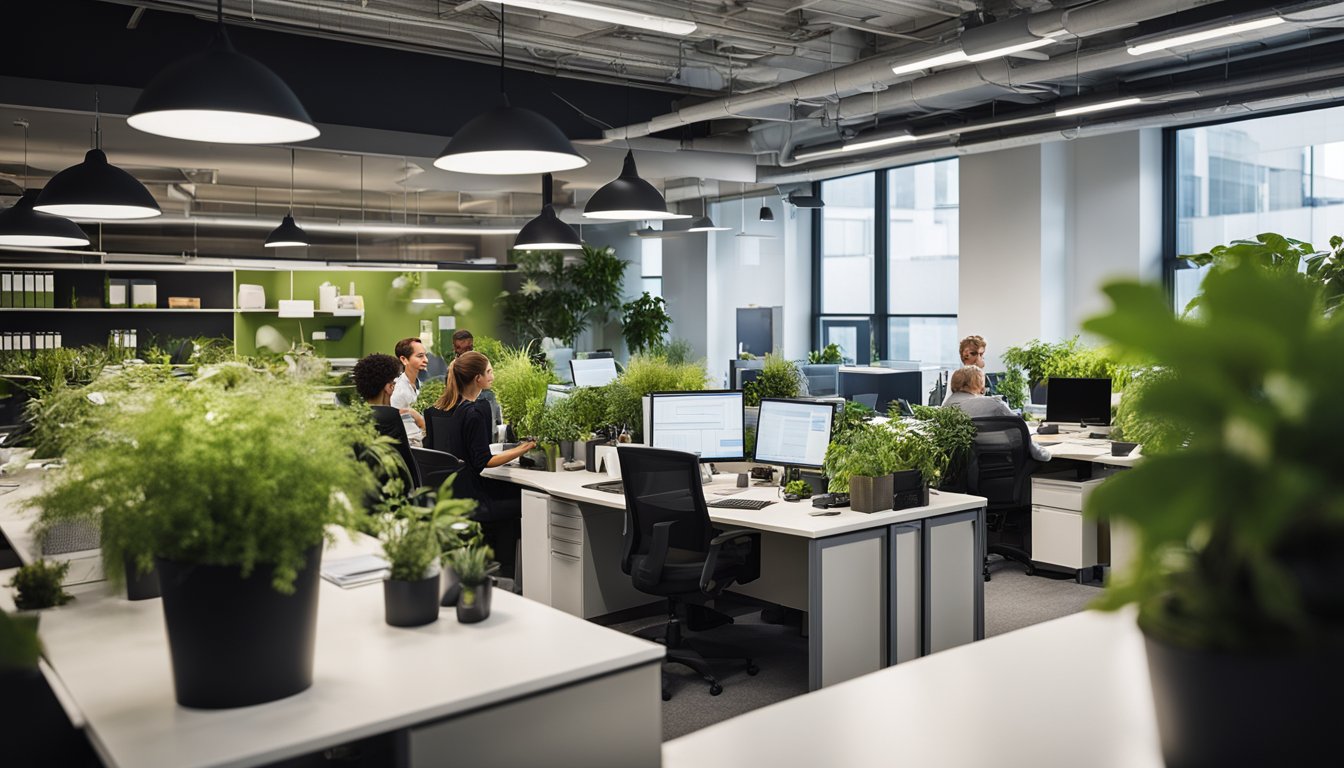 A bustling UK office with employees brainstorming, recycling bins, energy-efficient lighting, and green plants throughout the space