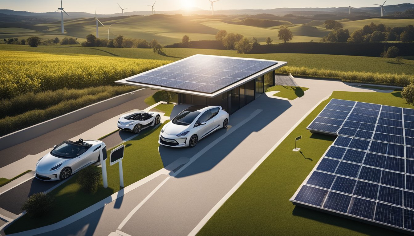 A sunny pathway leading to a modern house with solar panels on the roof, wind turbines in the distance, and electric car charging station