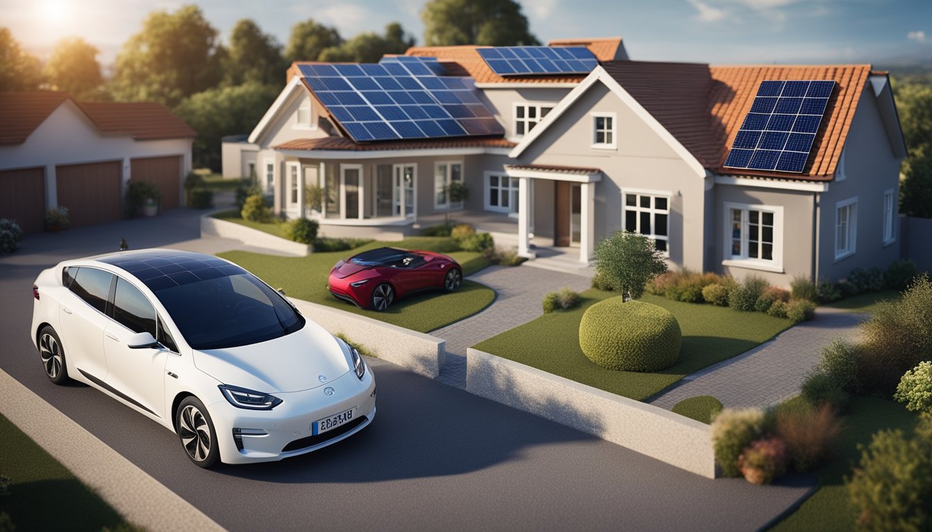 A family home with solar panels on the roof, wind turbines in the distance, and an electric car plugged into a charging station in the driveway