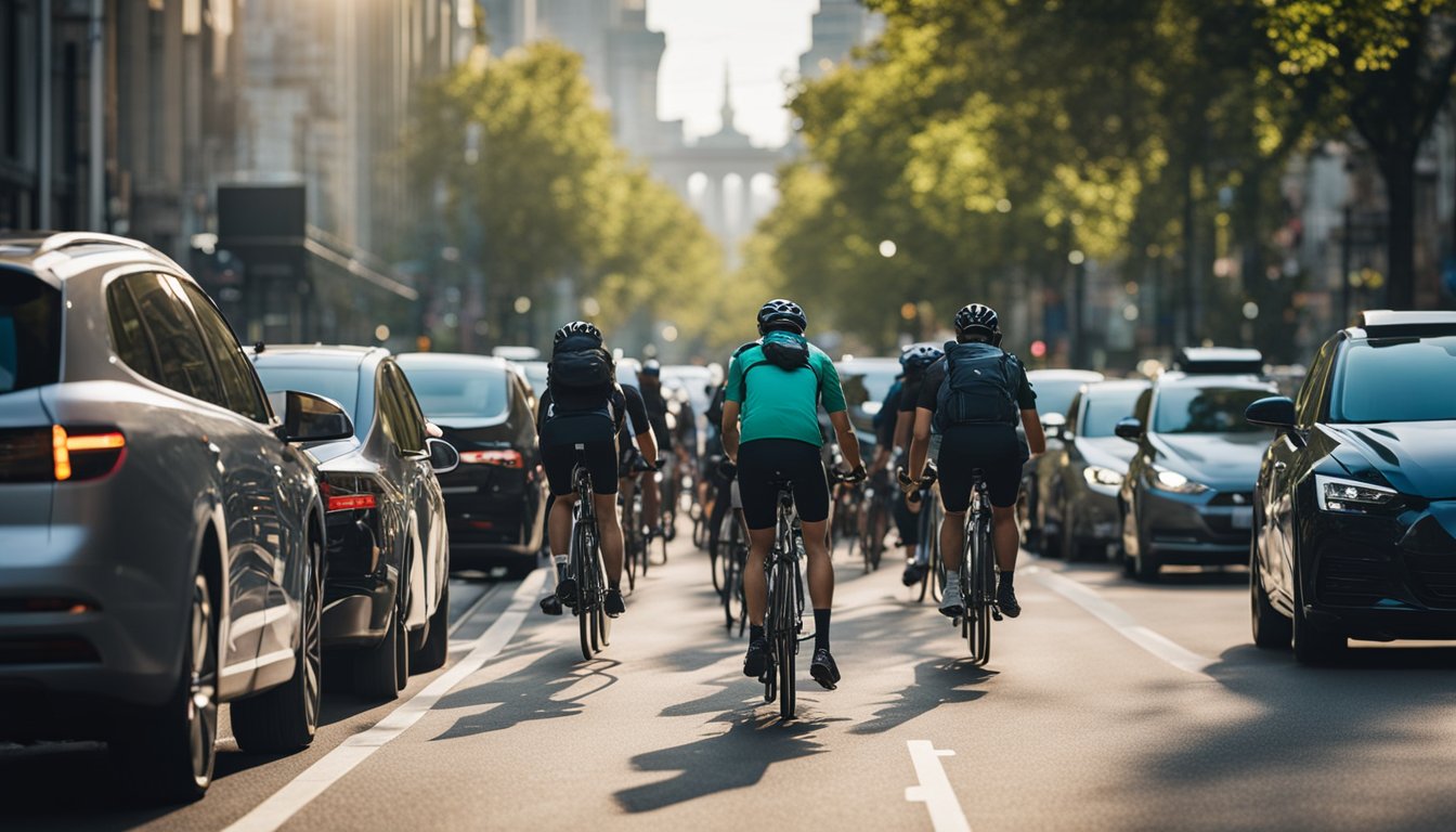 A bustling city street with a mix of cyclists, pedestrians, and electric vehicles. Bike lanes and public transport options are prominent, with greenery and clean air evident