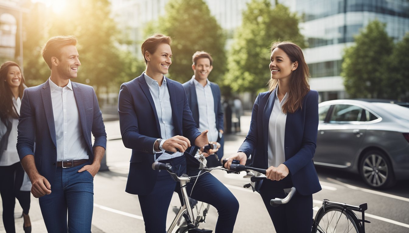 An office setting with a group of UK SME employees discussing sustainable commute options, including walking, cycling, carpooling, and public transportation