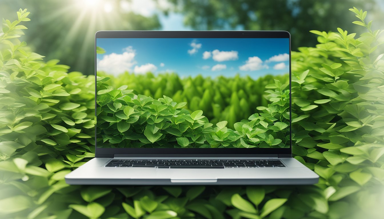 A laptop surrounded by greenery, with a clear blue sky in the background