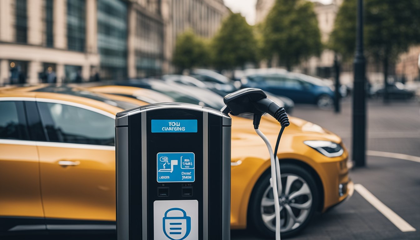 An electric vehicle charging station surrounded by UK business logos and a bustling cityscape in the background