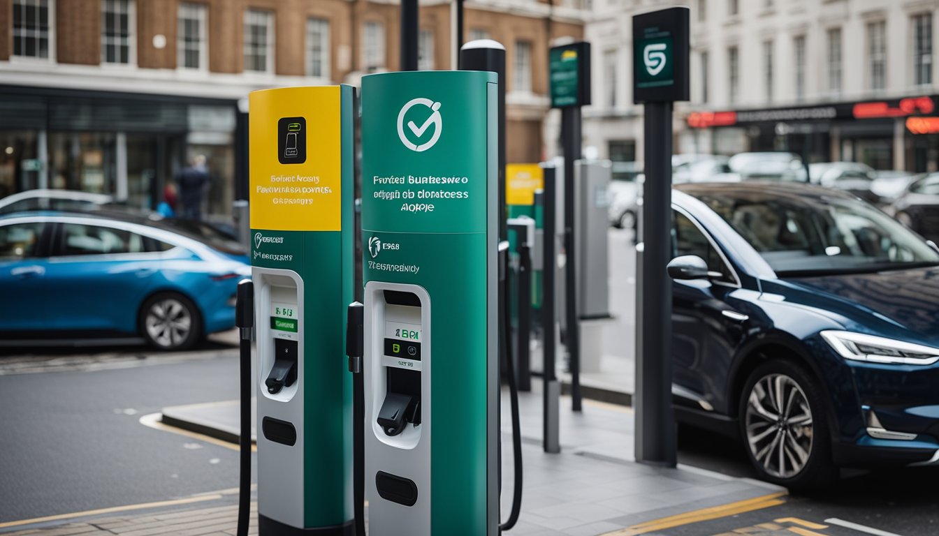 An electric vehicle charging station in a bustling UK business district, with multiple cars plugged in and a sign displaying "Frequently Asked Questions" for businesses interested in adopting EVs