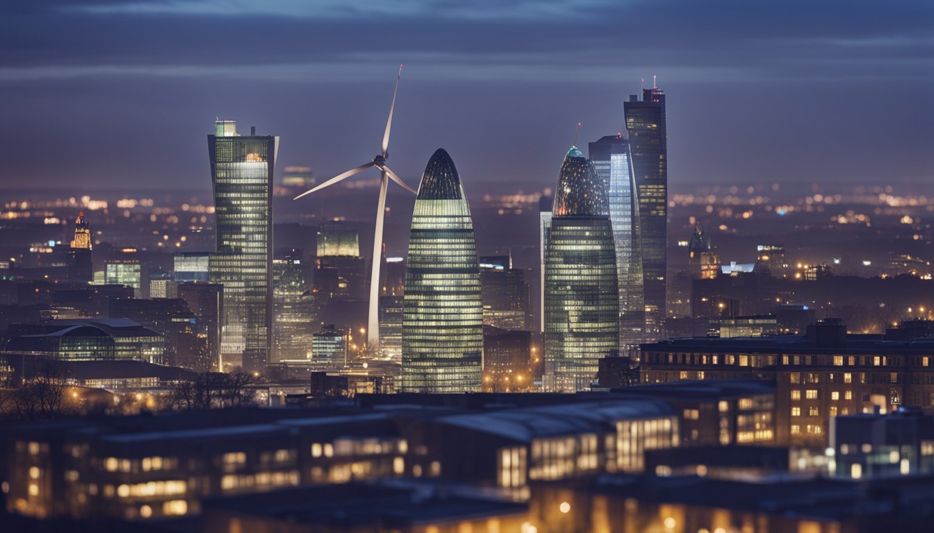 A bustling UK city skyline with renewable energy sources and eco-friendly technology integrated into the architecture and infrastructure