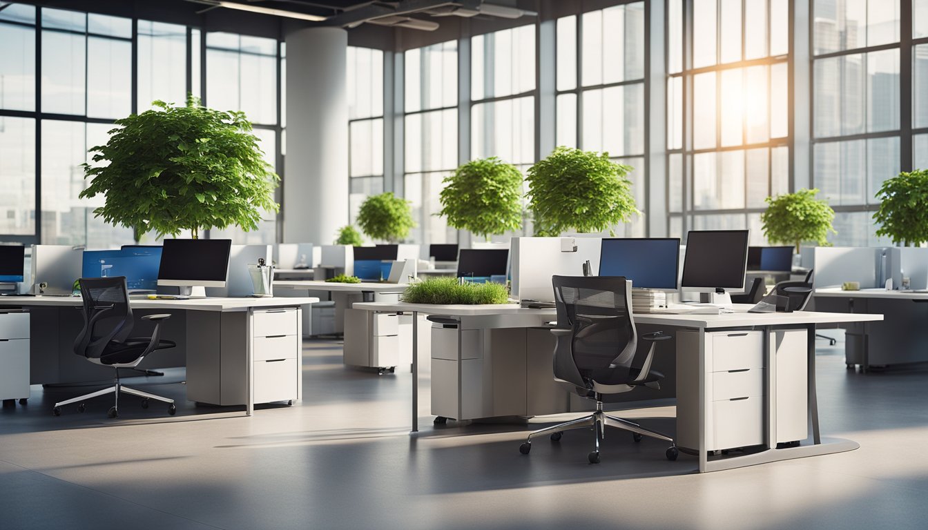 A modern office space with energy-efficient computers, solar panels, and recycling bins. Green plants and natural light create a sustainable work environment