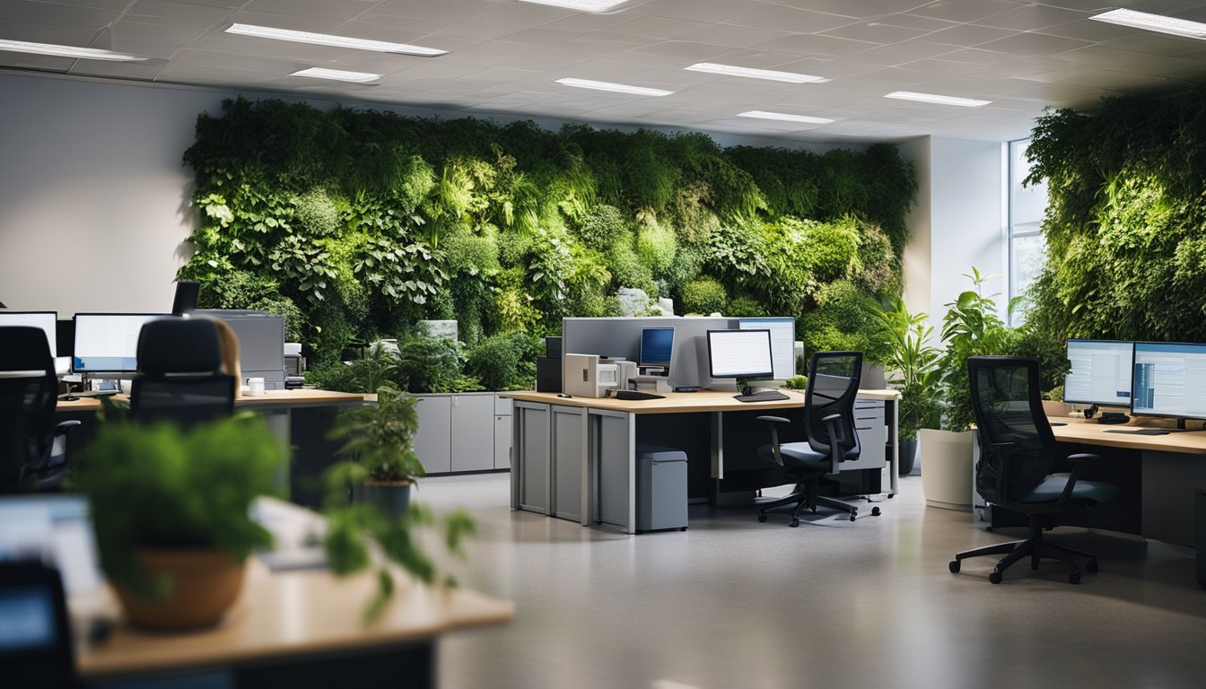 A bustling office with workers using eco-friendly computers. Recycling bins and energy-efficient lighting. Green plants and natural materials