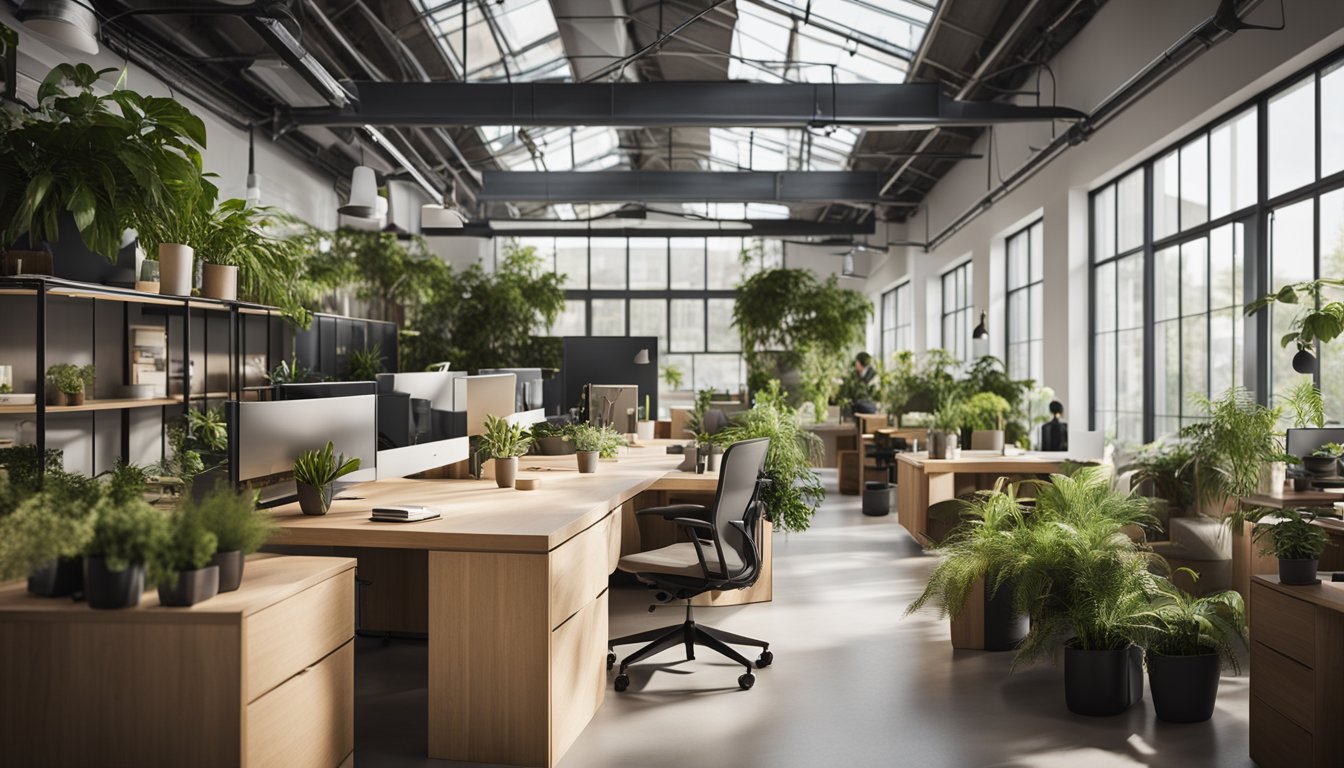 An open office space with sustainable, modular furniture made from recycled materials. Large windows bring in natural light, and indoor plants add a touch of greenery