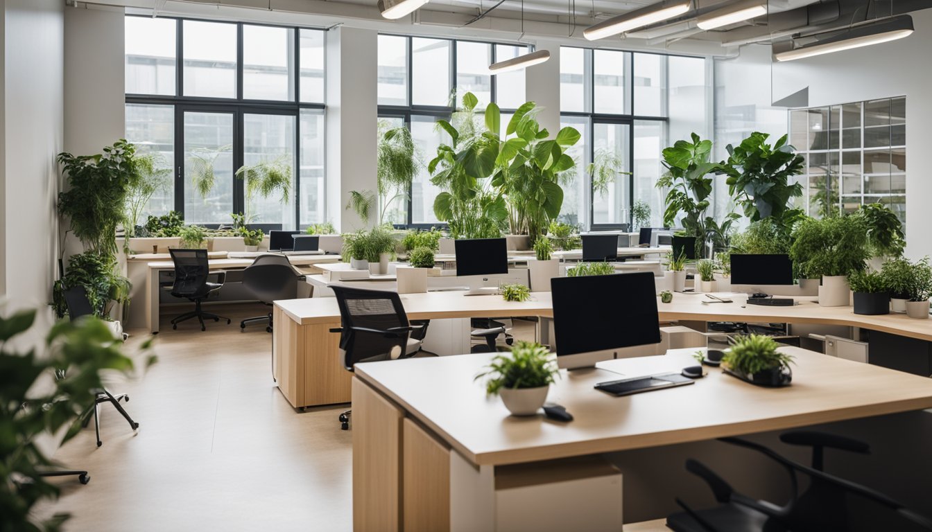 An office space with modern, sustainable furniture designs. Plants and natural light enhance the eco-friendly atmosphere