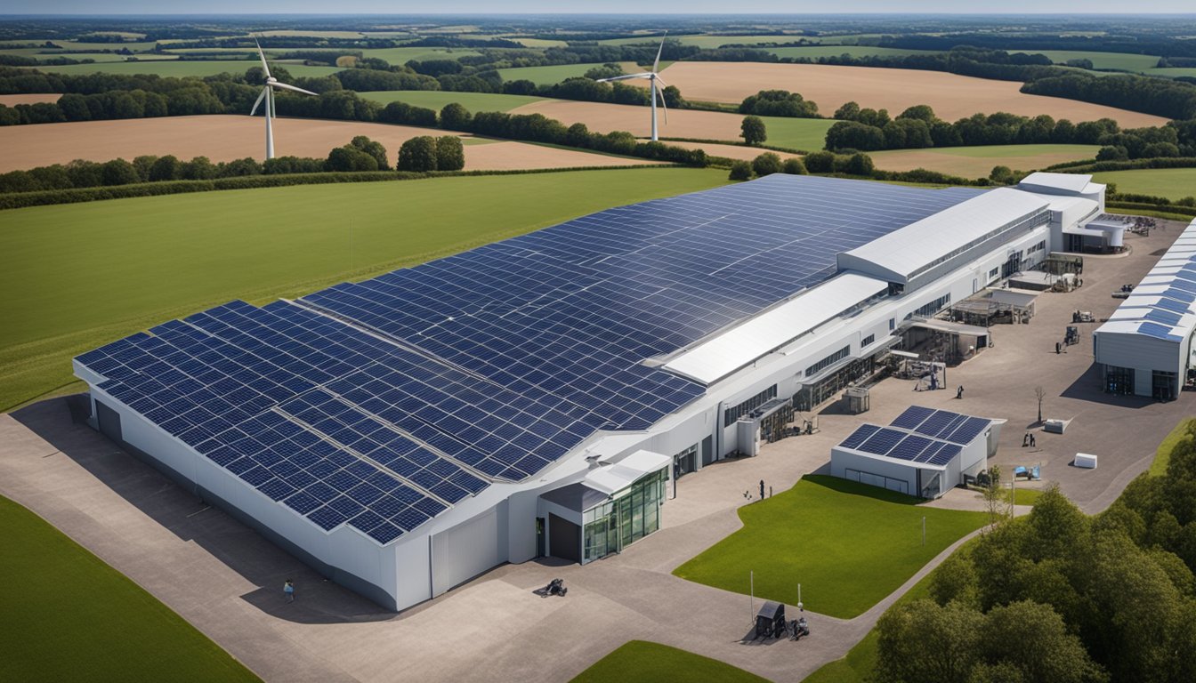 A bustling UK workplace with solar panels on the roof, wind turbines in the distance, and employees engaged in training for renewable energy jobs