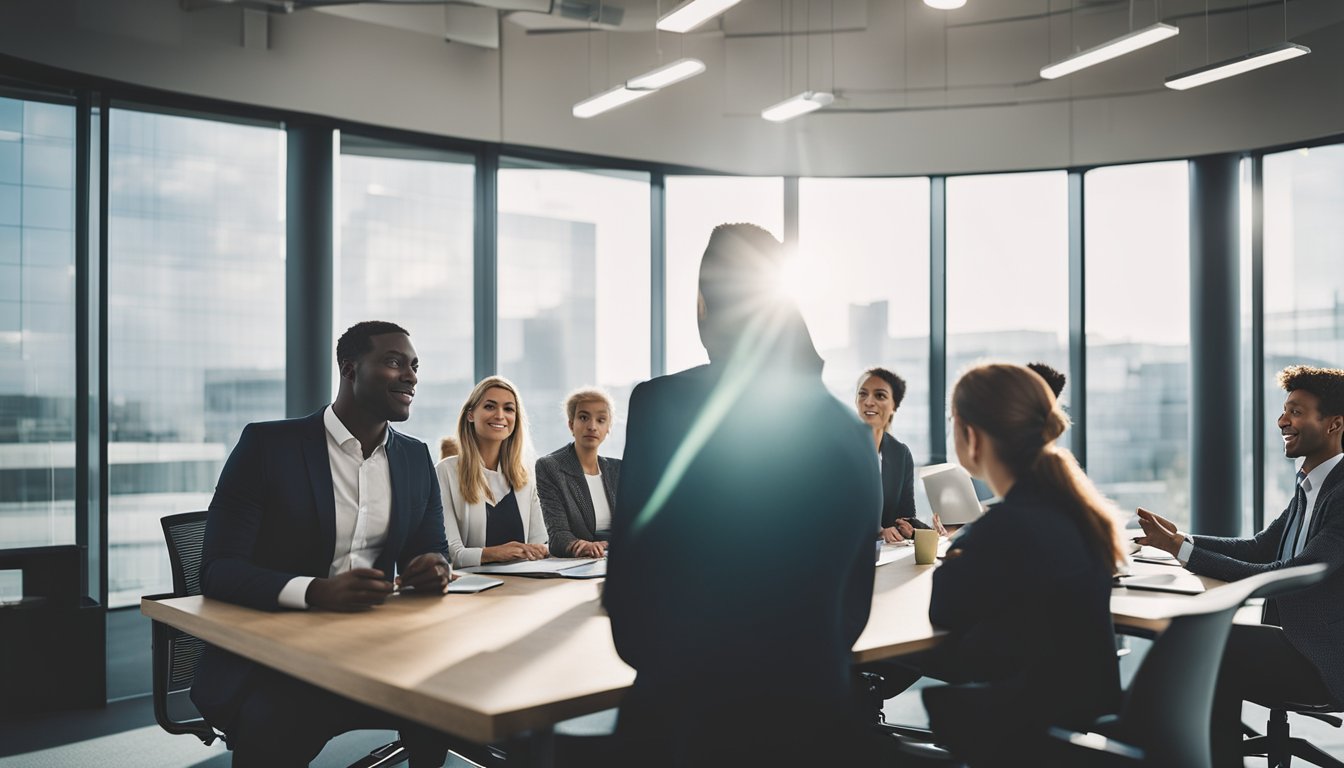 A group of diverse workers discussing and brainstorming renewable energy options in a modern UK workplace