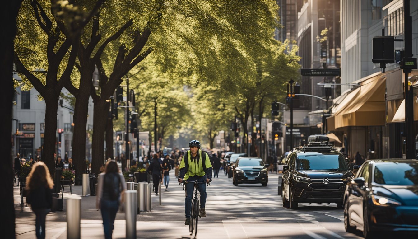 A bustling city street with dedicated bike lanes, electric vehicle charging stations, and public transportation options. Trees line the sidewalks, and people are seen walking and biking to work