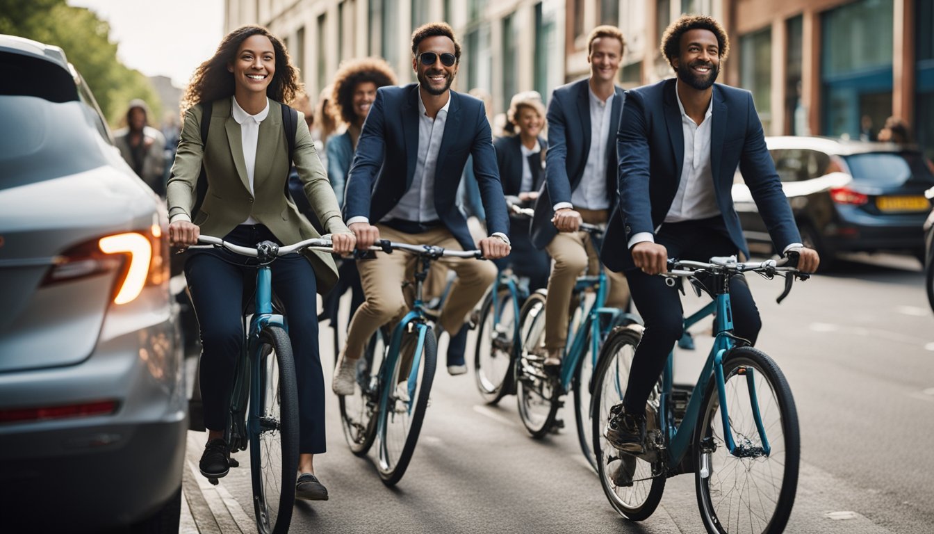 A group of UK team members biking, walking, and carpooling to work with eco-friendly transportation options