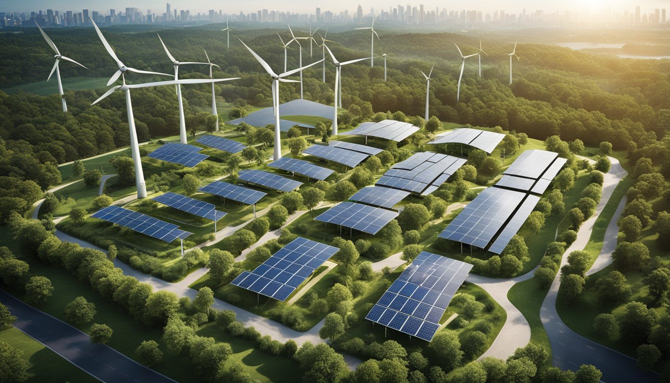 A bustling city skyline with solar panels and wind turbines integrated into the architecture, surrounded by greenery and clean energy infrastructure