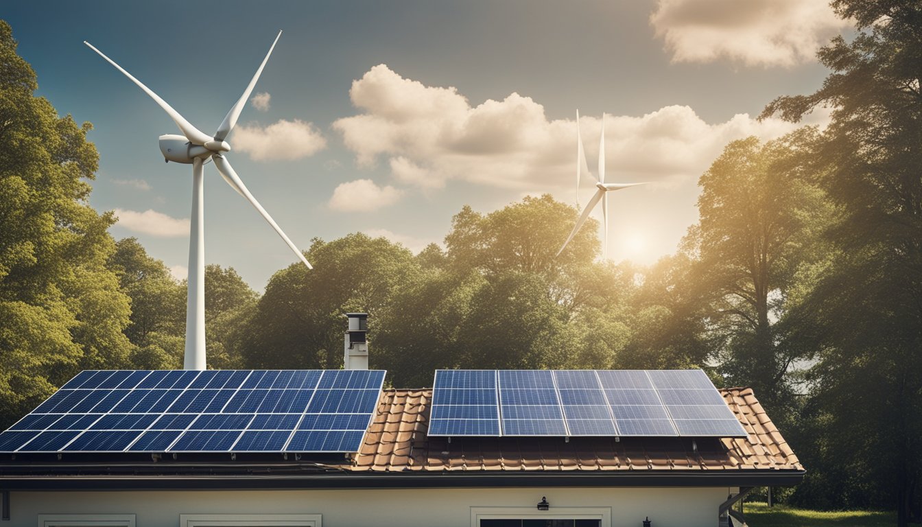 A wind turbine and solar panels powering a home, surrounded by trees and clean air