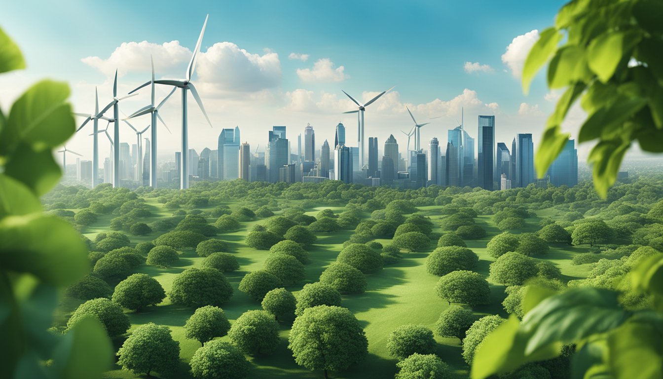 A bustling city skyline with wind turbines and solar panels integrated into the architecture, surrounded by lush greenery and clean, blue skies