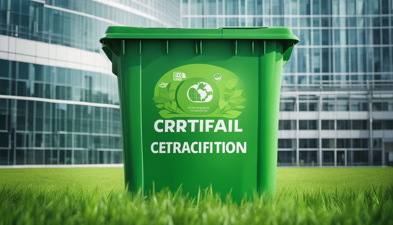 A lush green landscape with a prominent green certification logo displayed on a modern building. Renewable energy sources and recycling bins are visible