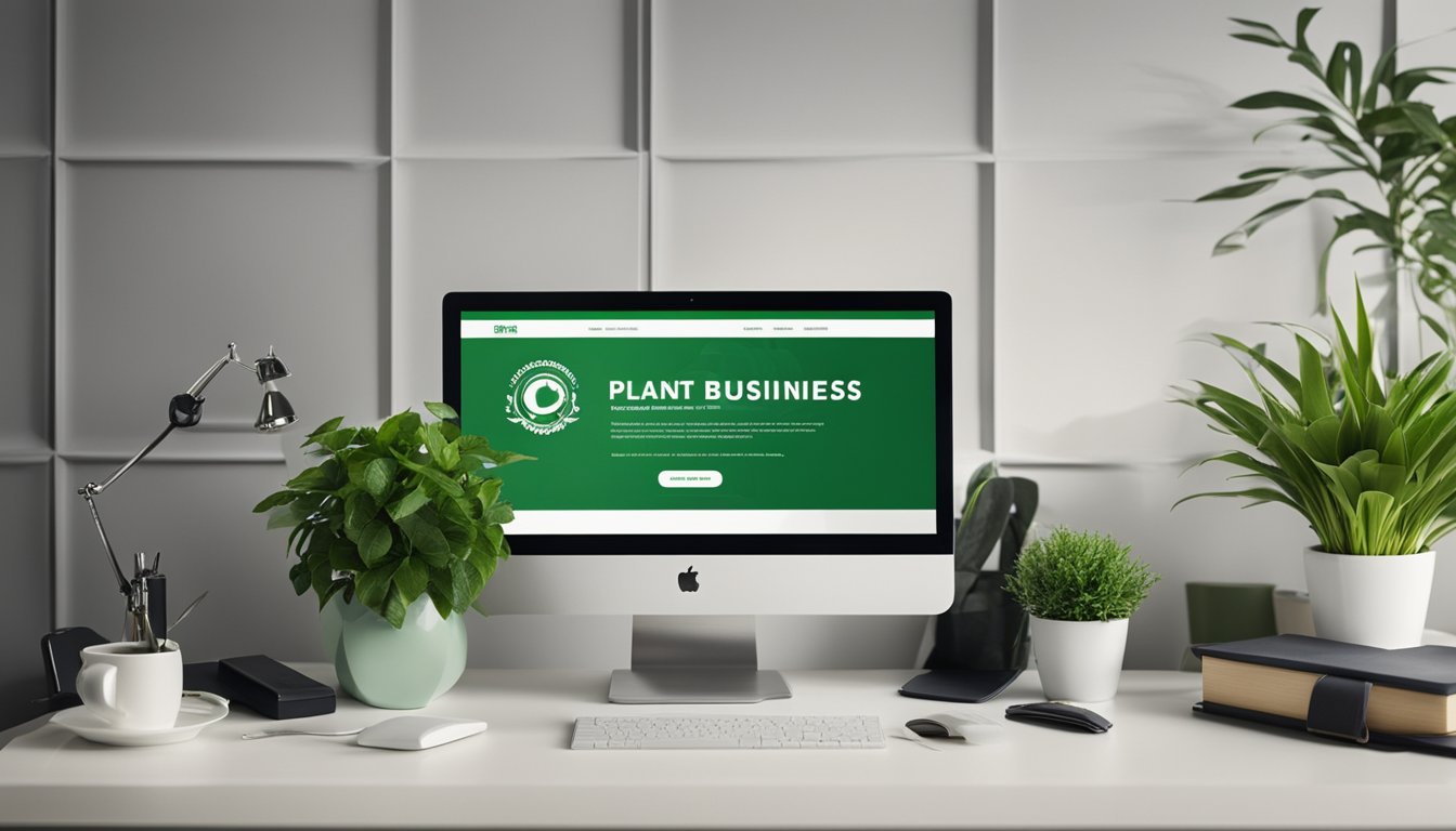 An office desk with a laptop, plant, and green business certification logo on a wall