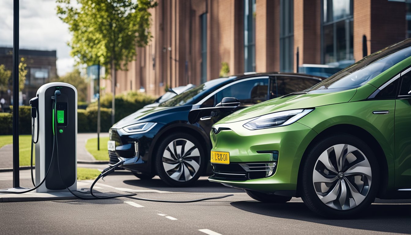 A network of electric vehicle charging stations across the UK, with various types of chargers and cars in use